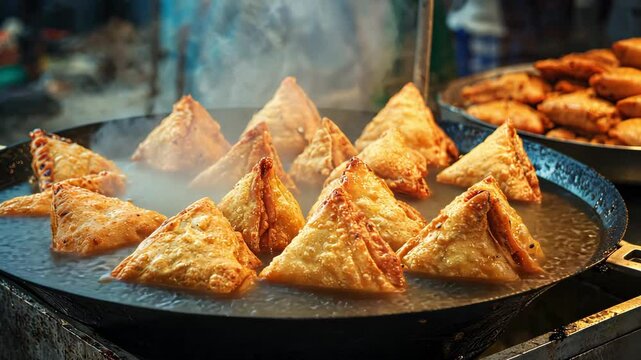 Samosas frying in hot oil, Crispy samosas cooking in the pan, food smoke