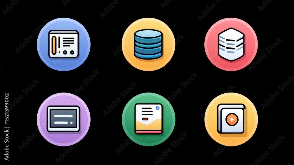 Poster digital icons representing various data management functions on a black background.