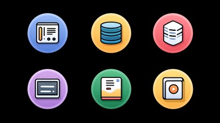 Digital icons representing various data management functions on a black background.