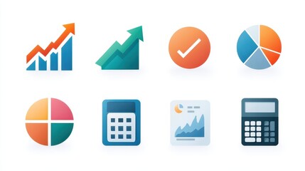 Graphic icons representing data analysis, charts, and calculations for business and finance applications.