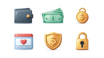 A collection of financial icons including a wallet, cash, lock, and shield representing security and money management.