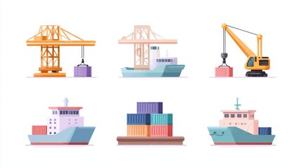 Illustration of various cargo handling equipment and ships, showcasing the shipping and logistics industry.