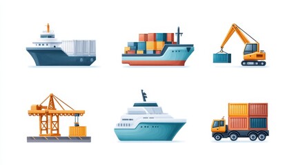 Illustration of various cargo ships, a crane, a yacht, and a truck, showcasing shipping and logistics themes in a colorful design.