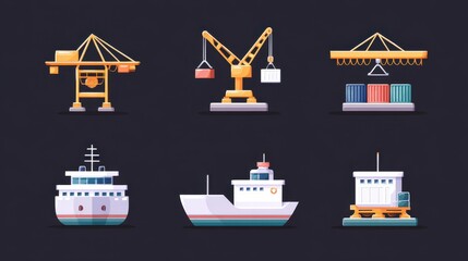 Colorful illustrations of cranes and ships, depicting maritime logistics and cargo handling in a vibrant style.