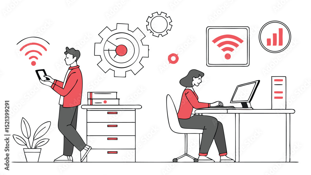Poster illustration of man using tablet and woman using laptop with wifi and gears in background design