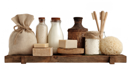 Displaying natural and eco conscious toiletries like soap bars, bath salts, milk, and bamboo toothbrushes on a rustic wooden shelf against a transparent background