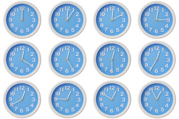 Twelve blue wall clocks with white frames showing 00:00 to 00:55 or 12:00 to 12:55 illustrating the...