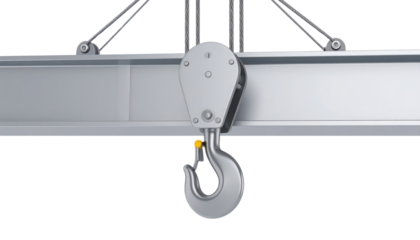 A sturdy metal crane hook attached to a pulley system designed for lifting heavy loads.