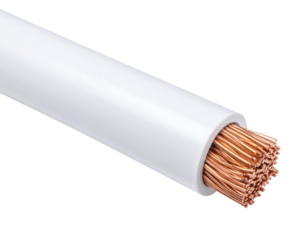 A close-up of a white insulated electrical wire with exposed copper strands at one end.