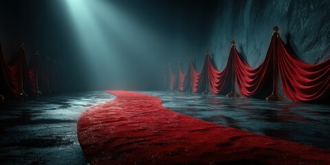 Dramatic red carpet leading through a dimly lit hallway with draped fabric on either side