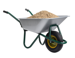 A metal wheelbarrow filled with sand and equipped with a single front wheel and two handles.
