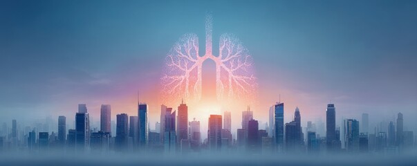 Fototapeta premium Health risks concept. A glowing lung-shaped pattern appears above a modern city skyline, highlighting the connection between urban life and air quality.