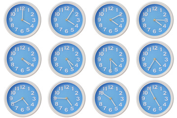Twelve blue wall clocks with white frames showing 04:00 to 04:55 or 16:00 to 16:55 illustrating the passage of time or time zone variation