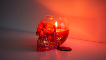 Skull shaped glass with burning colourful wax candle on a light surface