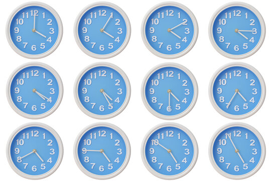 Twelve blue wall clocks with white frames showing 04:00 to 04:55 or 16:00 to 16:55 illustrating the passage of time or time zone variation