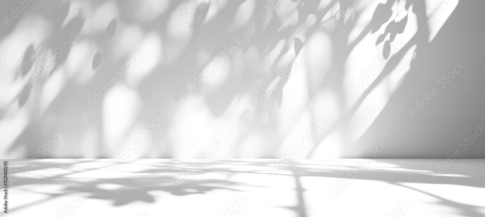 Poster minimalist studio space with empty white stage and leaf shadows from sunlit window display