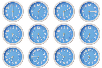 Twelve blue wall clocks with white frames showing 06:00 to 06:55 or 18:00 to 18:55 illustrating the...