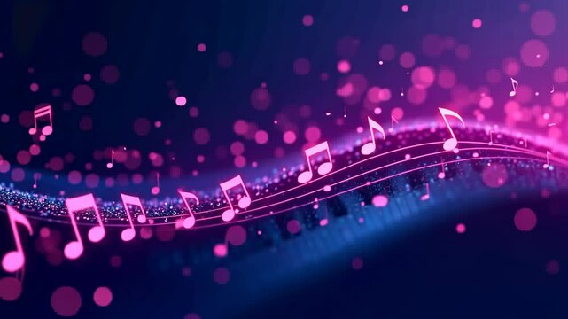 Abstract neon melody notes floating in colorful waves, concept for entertainment, music therapy, and digital audio