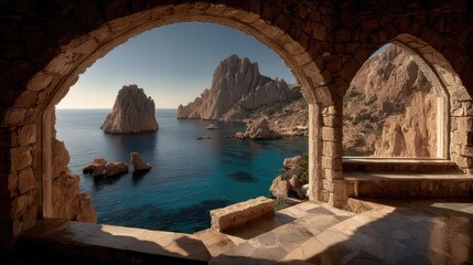 Mediterranean-style villa with arch window opening to a scenic view of cliffs and bright blue ocean