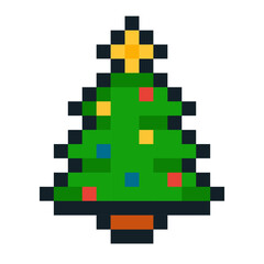 Pixel art Christmas tree emoji in classic 8 bit style. Green fir tree decorated with colorful ornaments, garlands, and a star. Ideal for festive holiday content, retro video games, digital greeting