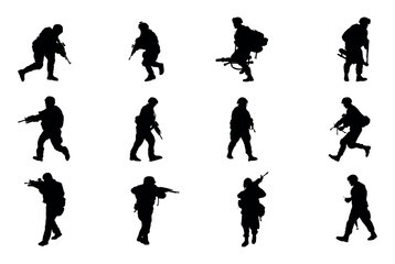Set of Soldier and Army Force Silhouette in various poses isolated on white background