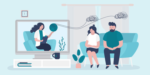 Couple decides mental problems on private online counseling. Distant counseling. Patients at psychological consultation. Male and female psychology. Psychotherapy.