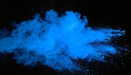 Blue powder explosion cloud on black background, vibrant blue dust particles splash, colorful powder burst effect, dynamic blue powder splash isolated, high-energy blue dust cloud, blue pigment explos