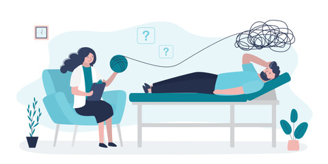 Psychological therapy session. Psychologist help untangle mental messy chaos in mind. Female psychotherapist has an Individual session with her male patient