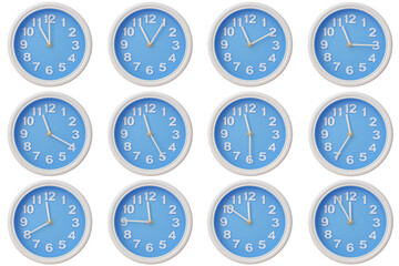 Twelve blue wall clocks with white frames showing 11:00 to 11:55 or 23:00 to 23:55 illustrating the...