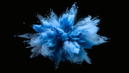 Blue powder explosion cloud on black background, vibrant blue dust particles splash, colorful powder burst effect, dynamic blue powder splash isolated, high-energy blue dust cloud, blue pigment explos