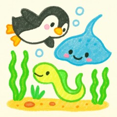 Naklejka premium Cute cartoon penguin, stingray, and eel swim together among seaweed in a colorful underwater scene.