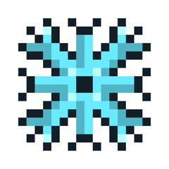 Pixel art snowflake emoji in crisp 8 bit style. A symmetrical icy-blue design representing cold weather, winter and the holiday season. Great for digital greetings, festive UI elements, retro games