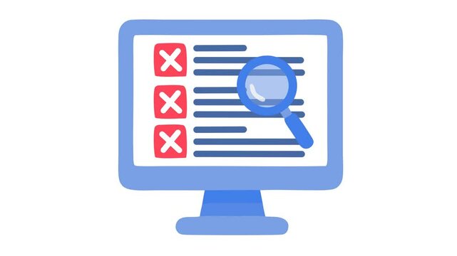 Rejected checkmark on digital task verification icon in cartoon animation. Online checklist review symbol. Failed e-assessment monitoring sign. Alpha channel.