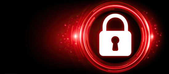 Red digital popup with spam text and lock shield glowing in dark background, symbolizing secure protection and safety