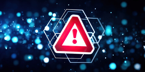 Red warning sign with exclamation mark glowing in futuristic digital blue background with hexagonal shapes and bokeh lights