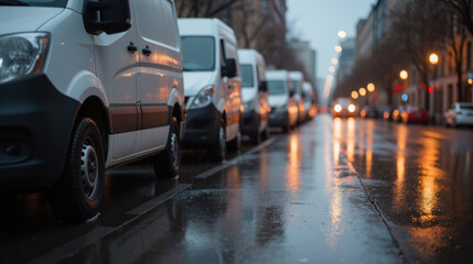 Naklejka premium Row of parked white vans on wet street, reflecting city lights in rain. scene captures calm, urban atmosphere