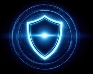 Glowing blue shield icon with digital circular interface, symbolizing secure technology and protection in futuristic style