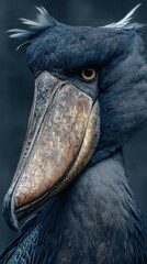 Striking close-up of a majestic African shoebill standing against a dark background in a natural habitat