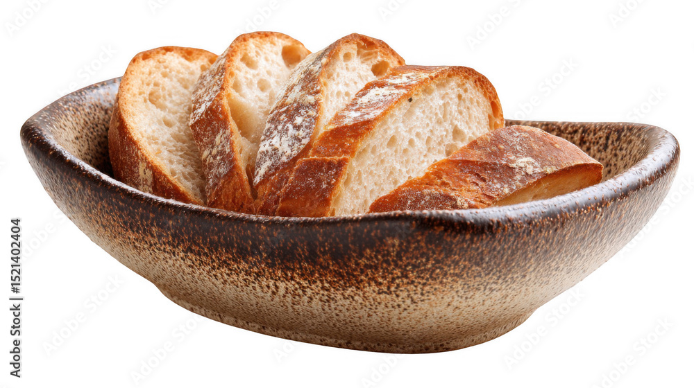 Poster slices of crusty bread resting in an earthy ceramic dish create an inviting image ideal for food blo
