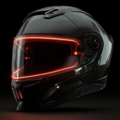 Fototapeta premium A modern, glossy black motorcycle helmet illuminated by a vibrant red neon light strip across its visor, against a dark background