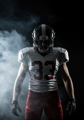 American Football Player in Smoke - A determined American football player stands in a smoky atmosphere, ready for action. Number 33