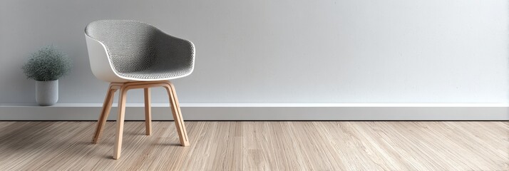 Modern grey chair in a stylish interior with smooth wooden floor and decorative plant accents.