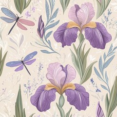 Elegant seamless pattern with the beautiful irises and dragonflies

