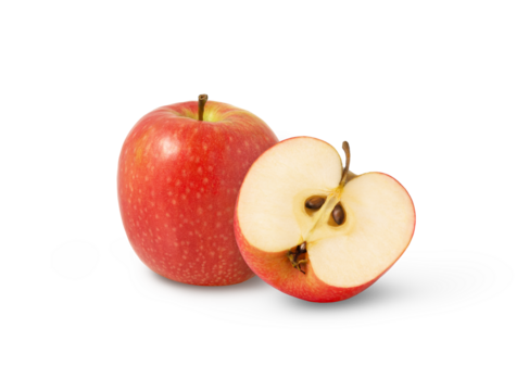 Juicy red apple and a half isolated. Pink lady apples isolated.