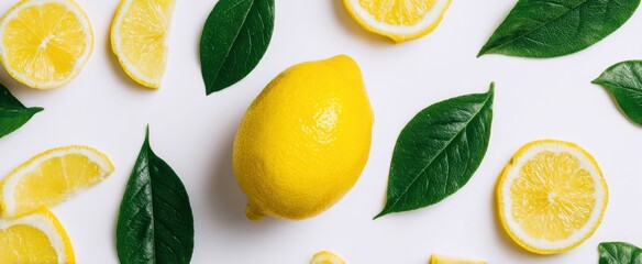 The Fresh Lemon Surrounded by Slices and Green Leaves on White Background