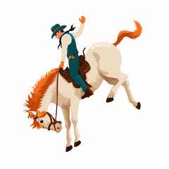 A cowboy rides a bucking bronco in rodeo