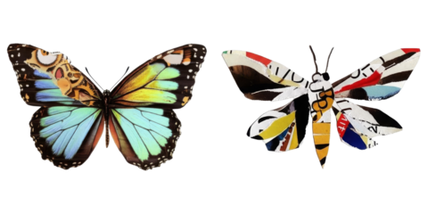 PNG vibrant butterfly and a collage moth are displayed against a transparent background.
