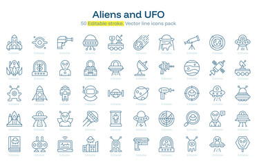 Aliens and UFO line icon pack. Aliens and UFO Stroke icon set. Editable Stroke icon