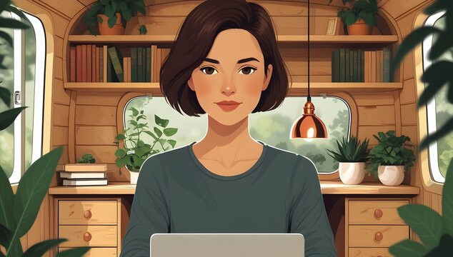 Woman working on laptop inside camper van surrounded by plants