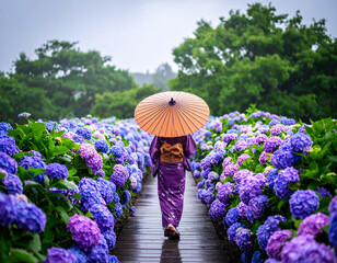 和傘、差した、女性、アジサイ、小道、紫陽花、日本、梅雨、和服、青、紫、自然、静か、雨、公園、自然